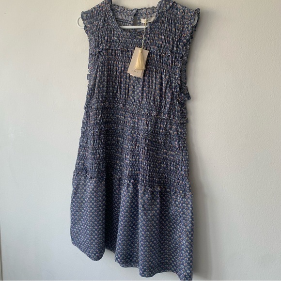 NWT Doen Tracie Cotton Smocked Ruffle Sleeve A Line Mini Dress Dahlia Ikat Blue - Picture 6 of 13